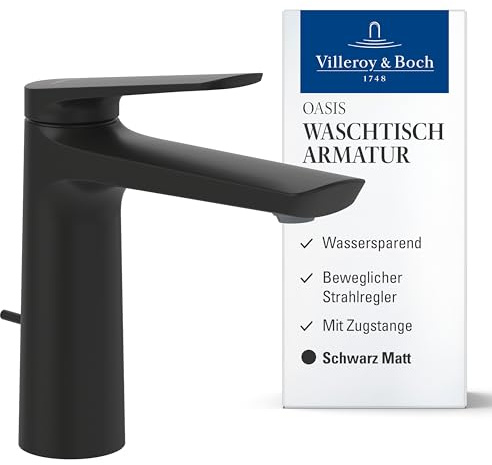 Villeroy & Boch Oasis Waschtischarmatur - Waschbeckenarmatur wassersparend mit Keramikkartusche - Wasserhahn Bad für Waschbecken - Badarmatur rund (mit Zugstange, Matt Black)