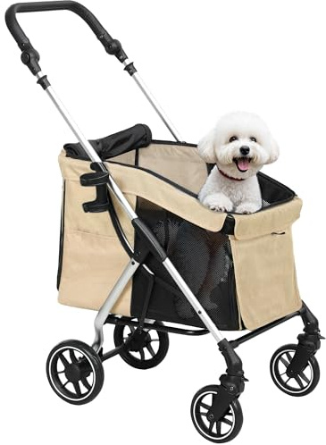 PawHut Carrito para Perros Plegable, Cochecito para Perros Pequeños y Seniors, Hasta 10 kg, Ruedas con Frenos 360º, Marco de Aluminio, Correa de Seguridad, Cojín Lavable y Ventanas, Caqui
