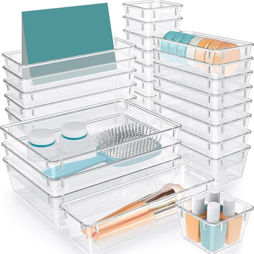 NEXROLA 25 Piezas Organizadores de Cajones de Plástico Transparente,organizador de maquillaje,Separadores de Cajones de Escritorio de 4 Tamaños,Organizador Cajones Para Maquillaje, Baño, Cocina
