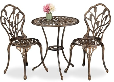Relaxdays trädgårdsmöbler set 3 delar, bord, 2 stolar, gjuten aluminium, balkongmöbler antik design, trädgård sittgrupp, svart/brons
