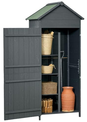 Outsunny Wooden Outdoor Storage Shed, Compact Utility Outdoor Tool Shed with Lockable Double Doors and Shelves, Grey
