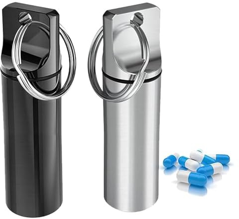 2pcs Portapillole Portachiavi, Pillole in Alluminio Pill Box, Mini Porta Pillole in Alluminio, Mini Portapillole Portatile, per Viaggi All'aperto(nero, argento)