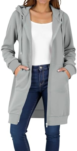 Ewleguzka Sweat à capuche long surdimensionné à fermeture éclair intégrale pour femme, léger, doublé en polaire, vêtement de sport doux, gris, L