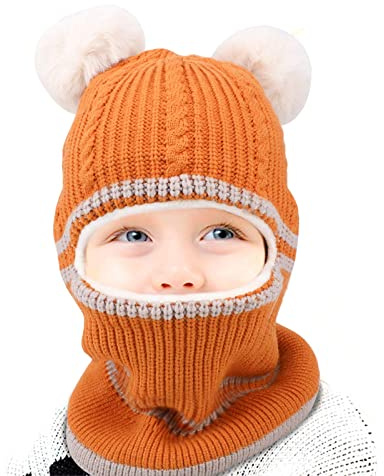 QKURT 1 st barn vinter balaklava, småbarn tjock vinter balaklava mössa hattar varm stickad mössa halsduk halsvärmare termisk fleecefoder stickad mössa med 2 fluffiga bollar för pojkar flickor 2-6, gUL