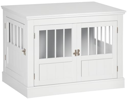 PawHut Jaula para Perros, Mesa Auxiliar, Casa para Mascotas Moderna con 3 Puertas Francés con Cierre Magnético, para Perros Pequeños, 78x53x59,3 cm, Blanco