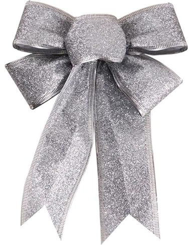 16 Inch Christmas Bow Large, Silver Glitter Christmas Tree Topper Bow for Outdoor Christmas Decor, All-Weather Xmas Door Bow with Gold Edge for Home Decor