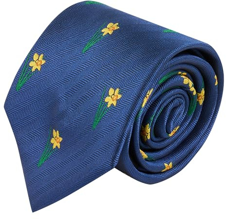 King & Priory Daffodil Navy Blue Herringbone Embroidered Tie