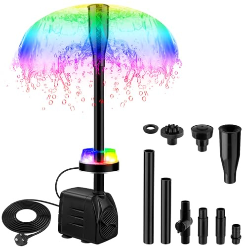 NATPOW Submersible Water Pump, 800L/H Mini Fountain Pump with RGB LED Lights Ultra-Quiet, 3M Cable Pond Pump with 4 Nozzles for Water Feature, Aquarium Fish Tank, Outdoor Fountain