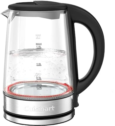 Cuisinart bollitore in vetro da 1,5 L con ebollizione rapida 3 kW, superficie fredda al tatto, senza BPA, beccuccio antigoccia, base girevole 360°, spegnimento automatico. con indicatore per una tazza