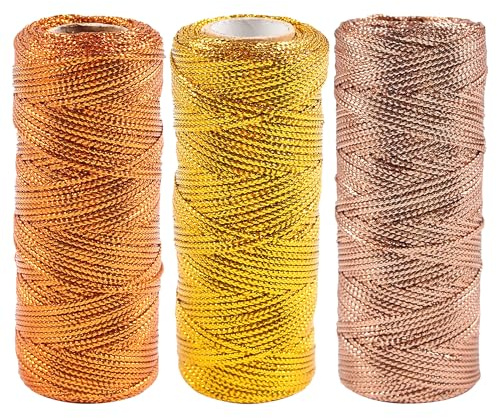 Yayatty 1,5 mm metallisk sträng dekorativ metallisk bagargarn metalliskt tråd rep för hantverk smyckestillverkning gör-det-själv julprydnad hängande dekoration, 3 färger E, 330 Yard
