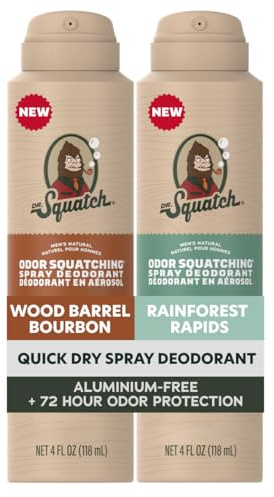Dr. Squatch Deodorantspray för män – snabbtorkande, utan rester – utan aluminium och dermatologiskt testad för alla hudtyper – Wood Barrel Bourbon & Rainforest Rapids (118 ml, 2-pack)