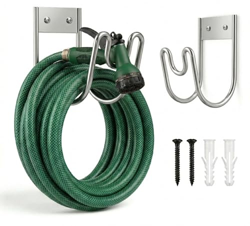 TIGREZ Garden Hose Holder Wall Mounted Metal Hose Pipe Hanger with Fittings - Metal Hosepipe Holder for Wall Storage - Outdoor Mounted Garden Hosepipe Hook with Fittings (Silver)