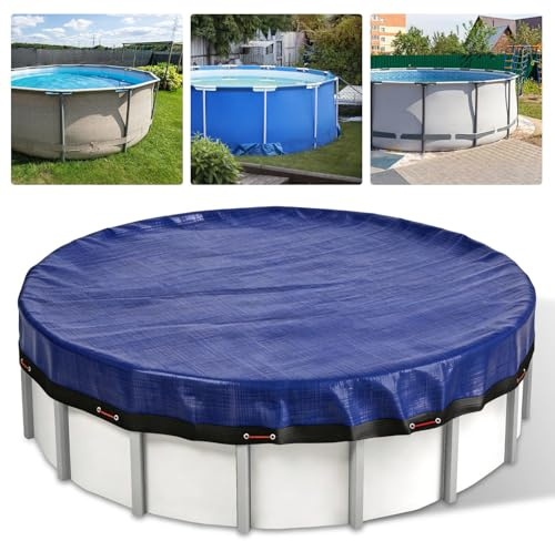 ISOISL Telo di copertura per piscina rotondo, diametro 366 cm, 160 g/m², blu e nero, telone di copertura per piscina fuori terra con bordo in tessuto, tendicorda, corda in acciaio da 13 m e corda in