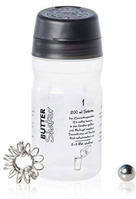 Butter Machen mit dem Butter&Sahne-Shaker (ANTHRAZIT) mit Butterungskugel und Aufschäumer
