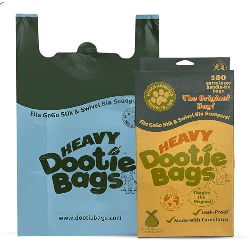 HEAVY Dootie Bags with EZ Tie Handles. Clean and Convenient for Pet Dog Poop, Cat Litter. Multi-Use. Great for Swivel Bin and Gogo Stik Scoopers. Made with Cornstarch. Strong, Leakproof and Very Large