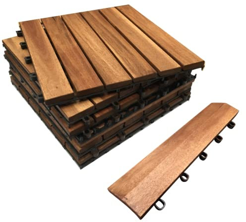 Click-Deck Hardwood Decking Tiles & Straight Edges Combination - Patio, Balcony, Roof Terrace, Hot Tub Deck Tiles Flooring Decking (144x Tiles and 36 Straight Edges)