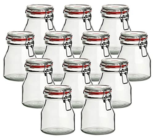 gouveo Lot de 12 bocaux de conservation ronds de 750 ml avec fermeture à étrier rouge – Bocaux en verre avec fermeture à étrier – Bocaux de rangement avec couvercle hermétique