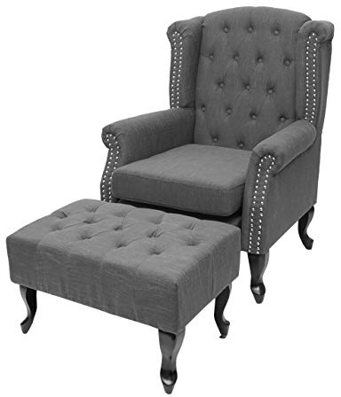 Mendler Poltrona Stile Vittoriano Elegante Chesterfield Tessuto - Grigio Scuro con poggiapiedi