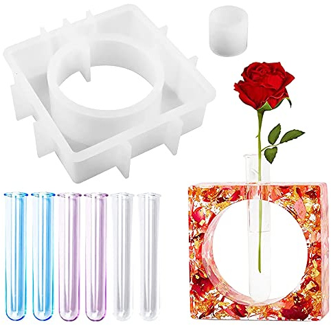 Woohome Resin Mold for Planter Terrarium Resin Mould for Plant Propagation Station, Square Vase Silicone Molds for Resin Casting with 6 PCS Test Tubes for Hydroponic Plants, Home Office Decor