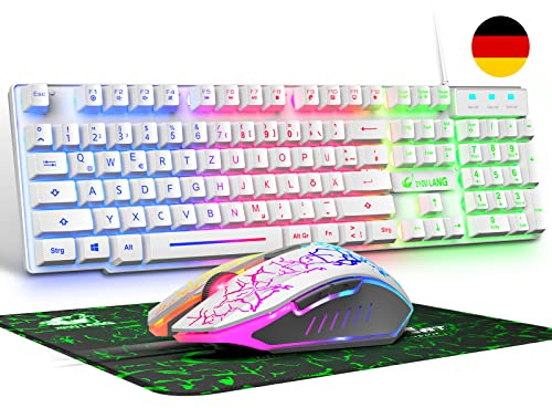 Teclado para juegos blanco con cable con ratón Diseño alemán QWERTZ Teclado con cable Retroiluminación LED RGB 2400 DPI Ratón de 6 botones Teclado y ratón compatible con PC PS5 PS4 Xbox