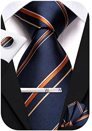 Hi-Tie Navy Orange Mens Ties Set Silk Stripe Ties for Men Formal Business 4PCS Necktie Pocket Square Cufflinks Clip Pin