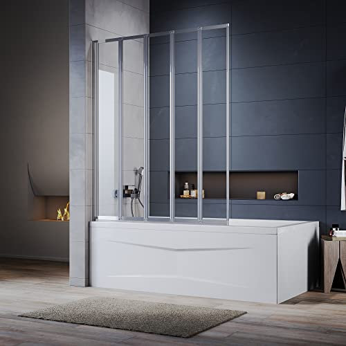 ELEGANT 5 Panel Folding Bath Shower Screen,1200mm Over Bath Shower Screen Door Toughened Safety Clear Glass Bathtub Door Pivot Swing Panel
