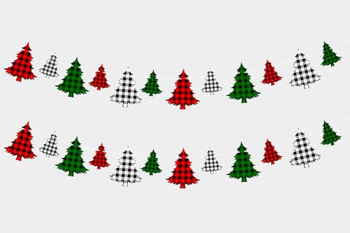 VILIFEVER 2 Pieces Felt Christmas Tree Garland Banner for Christmas Decorations, Buffalo Plaid Garland for Tree, Window, Xmas Hanging Decorations for Mantle Fireplace Home Decor