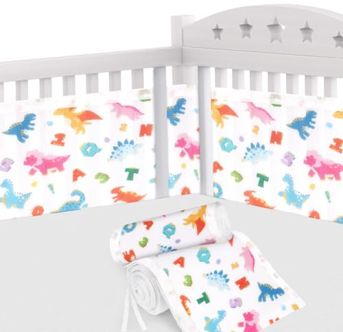 Aolso spjälsängsskydd, 2 st andningsbart nät spjälsängsfoder, spjälsängsskydd spjälsängsstötfångare, baby pojkar flickor barnkammare andningsbart spjälsäng stötfångare (dinosaurie)