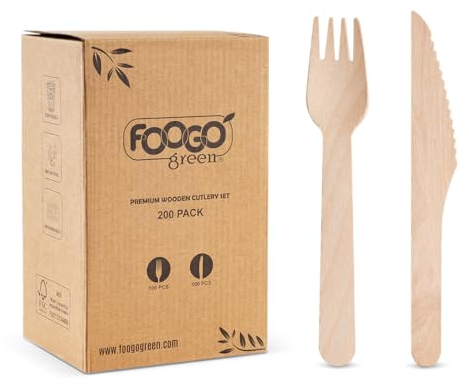 FOOGO Green 200pcs Set Fourchettes et Couteaux en Bois Jetables, Certifiés FSC®, 100 Fourchettes 100 Couteaux, 16cm, Écologique Compostable, Fête Pique-nique, Set de Couverts en Bambou pour Apéritifs