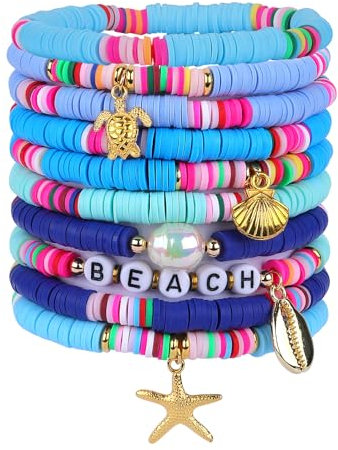 LEGENTLISUR 10 Stück Preppy Armbänder Set Surfer Stackable Bracelets Stretch Armband Blau mit Seestern Schildkröte Hülse Anhänger Heisi Beads Bohemian Sommer Strand Schmuck für Frauen Mädchen