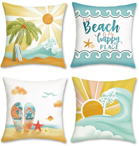 Bonhause Beach Cushion Covers 45 x 45 cm Ocean Sun Seaside Palm Tree Decorative Throw Pillow Covers for Sofa Bed Home Patio Decor Set of 4