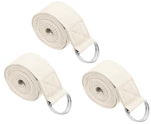 PATIKIL Cinghia da yoga per stretching 2,4 m, 3 pezzi, cintura da yoga in cotone con fibbia regolabile in metallo con anello a D elastici per fitness pilates, bianco