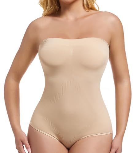 ONEW Body gainant bandeau sans bretelles pour femme - Avec bretelles amovibles - Gainant - Taille gainante, beige, M