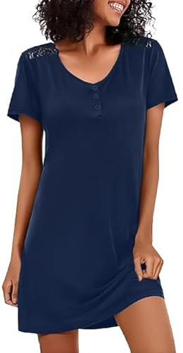 Jahetuul Chemise de Nuit Femme Coton Manches Courtes Col V avec Boutons et Dentelle Évidée Vêtements de Nuit Été Confortable