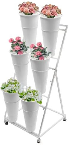 HUGDSB Expositor de Flores de 3 Niveles con 6 Cubos de plástico, Carrito de Metal con Ruedas for Mover Plantas, Ideal for Patio Interior y Exterior, jardín.(White)