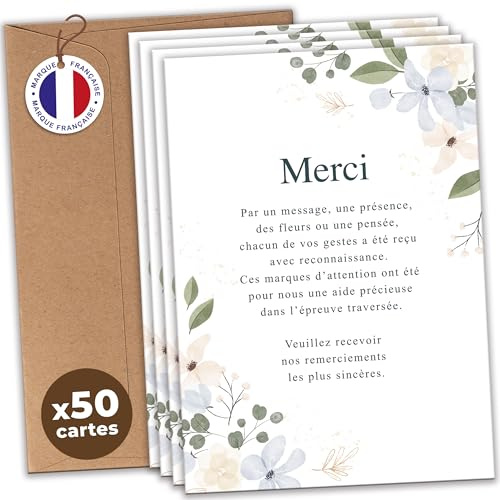 aliceandberry Cartes Remerciement Deuil Décès Obsèques Enterrement - Lot 25/50/75 + Enveloppes - Papier 400g - Design Sobre Élégant Fleurs Bougie Étoile - Marque Française (Lot de 50, Fleurs)