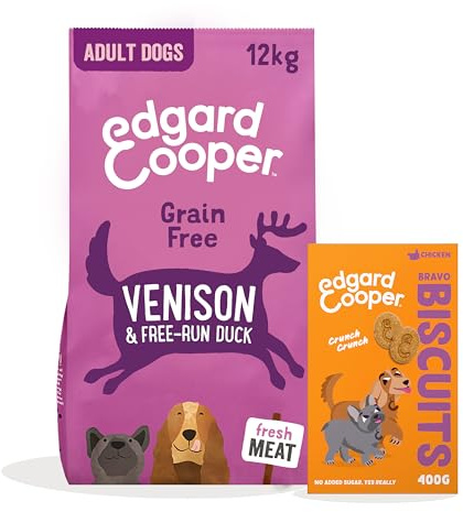 Edgard & Cooper Alimento Seco para Perros Venado y Pato Sin Cereales 12 kg + Galletas para Perros Pollo 1x400g - Pack de Croquetas y Premios