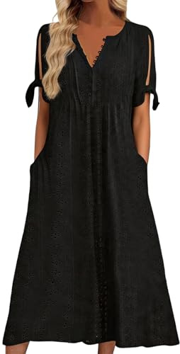 nnOuOnn Summer Maxi Dresses for Women UK 2026 Boho Casual Elegant Ladies Dress Fashion Floral V-Neck Button Short Sleeve with Pockets Sundress Beach (UK, Alpha, M, Regular, Regular, Black)