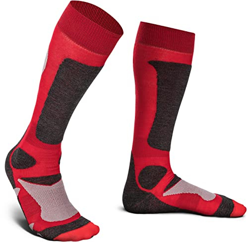 Piarini 2 Paar Unisex Skisocken Skistrumpf Herren Damen Wintersport Snowboard atmungsaktive Knie-Strümpfe Rot Gr.43-46