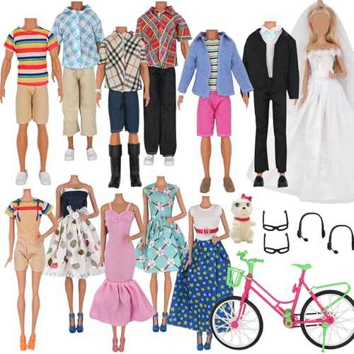 ZTWEDEN 33Pcs Doll Clothes and Accessories for 12 Inch Boy and GirlDoll, Includes 20 Wear Clothes Shirt Jeans Suit and Wedding Dresses, Glasses Earphones Dog and Bike for 12'' Boydoll Girldoll