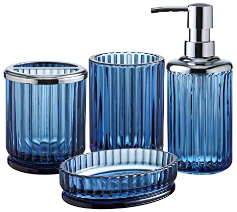 4PCs Heavy Weight Decent Blue Glass Bathroom Accessories Set with Decorative Pressed Pattern - Includes Hand Soap Dispenser & Tumbler & Soap Dish & Toothbrush Holder (Cobalt Blue)