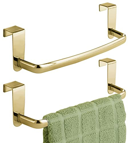 mDesign Steel Metal Wire Over Cabinet Towel Rack Storage Organizer - Hang on Cabinet or Door - Towel Bar Holder for Kitchen - Holds Hand Towels, Washcloths - Spira Collection, 2 Pack, Soft Brass