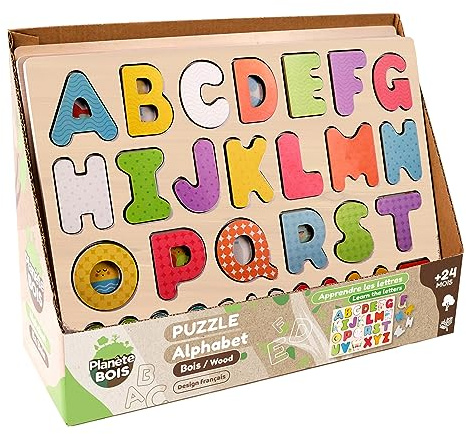 PLANÈTE Bois - Rompecabezas del Alfabeto - FSC - Juego Educativo - Primeras Reflexiones - 052462A - 26 Piezas - Multicolor - Madera - Juego para Niños - Rompecabezas Infantil - 30 cm x 22,5 cm