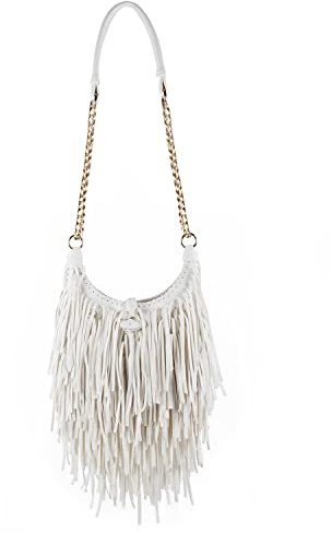 LUI SUI Women's Fringed Faux Suede Leather Cross Body Bag Chain Shoulder Bag Tassel Handbag (White)