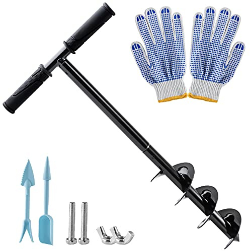 Hand Post Hole Digger - 24'' x 4 Earth Garden Auger Drill with Gloves, Non-Slip Handle, Spiral Drill Planter Bit for Planting Trees, Seedlings, Bedding Plants, Deep Cultivating, Digging Weeds Roots