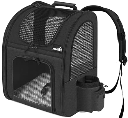 pecute Haustier Rucksack mit Netzfenster, Tragbare und Faltbare Katzentasche, Atmungsaktive und Leichte Hundetasche, Wasserdichtes Oxford-Tuch mit viel Platz, Multifunktional rutschfest Schwarz 6kg