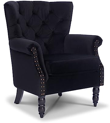 Black Velvet Chesterfield Armchair – Soft Velvet Occasional Chair with Wingback Design and Scroll Arms, Tufted Chesterfield Chair for Living Room, Bedroom or Office – Stylish Black Accent Seat