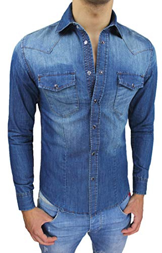 Evoga Camicia di Jeans Uomo Slim Fit Blu Denim Aderente Casual (L)