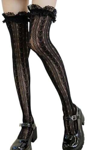 QIXIAMO Fishnet Thigh High Socks Heart Striped Lace Ruffled Over Knee Stockings
