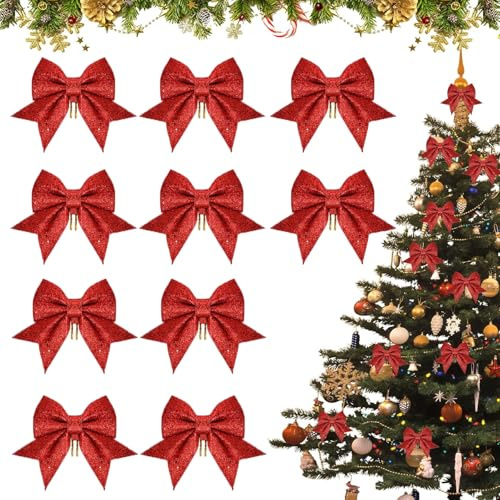 Fiocchi Decorazione di Natalizi, 10 Pezzi Rosso Fiocchi Albero di Natale, Fiocchetti Paillettes Decorazioni, Fiocchi Natalizi Glitterati, per Albero di Natale Appeso, Decorazione Regalo (M2)